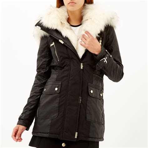 Faux Fur Trim Nylon Parka in Black 